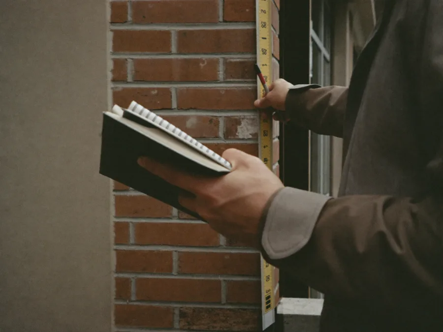 Hand mit Zollstock und Notizbuch an einer Ziegelfassade