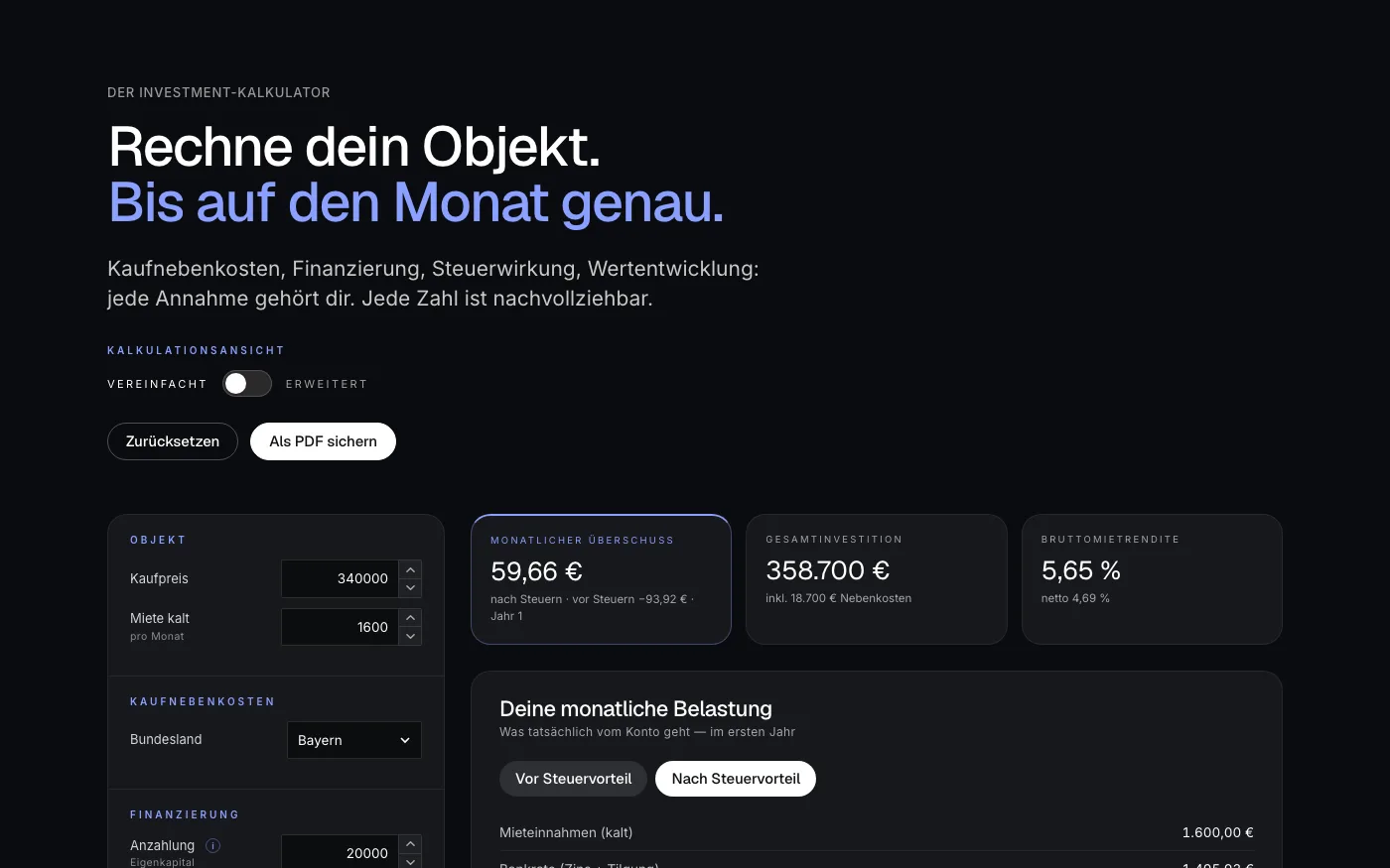 Bildschirmansicht des Investment-Kalkulators mit Eingaben und monatlicher Belastung